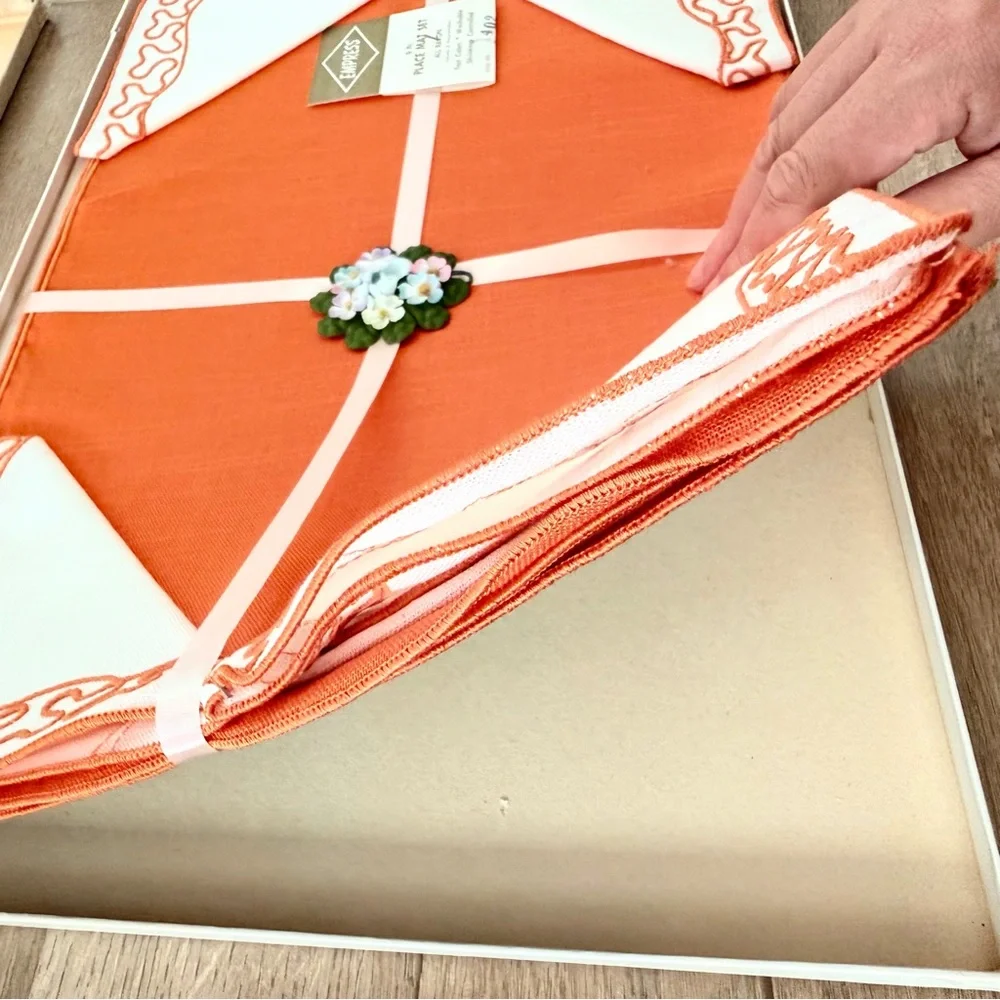 NIB Vtg Empress 8 PCs Placemat Place Mat Set Mats & Napkins‎ Orange Embroidered